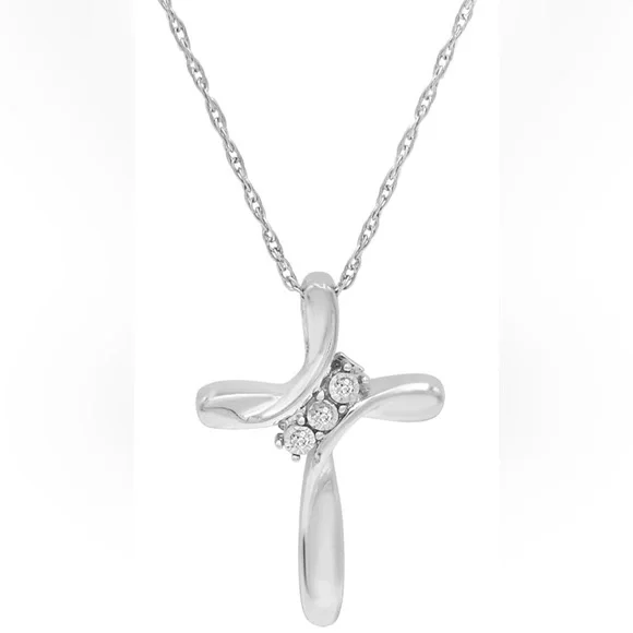 Three Stone Diamond Cross Pendant Necklace - Picture 2 of 4